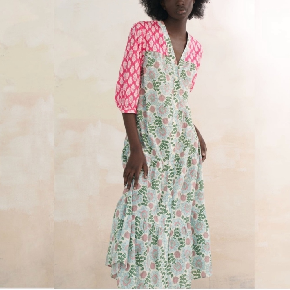 Zara Pink and Green Patterned Dress Size Small - Picture 2 of 10